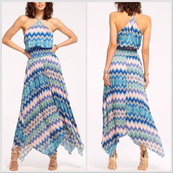 NWT Ramy Brook Giana Halter Maxi Dress Blue Pink Retro Chevron Sz XXL - Picture 1 of 16